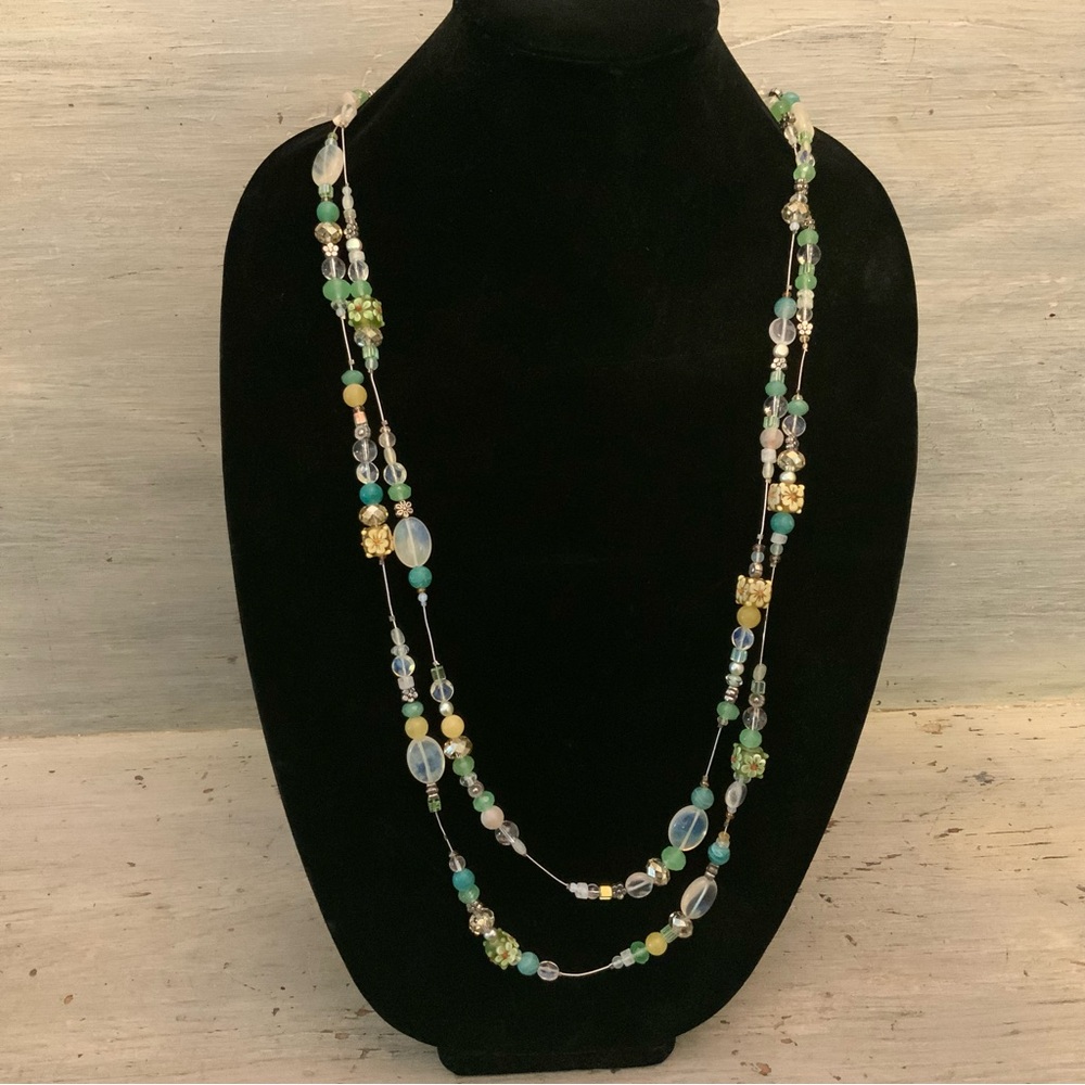 Elegant Hand Beaded Mint Yellow Clear Flower Long Wrap Necklace 36” New